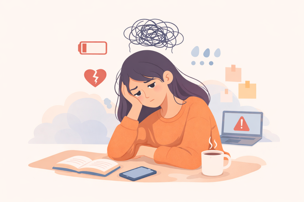 Ilustrasi burnout tanpa disadari pada anak muda yang mengalami kelelahan mental.