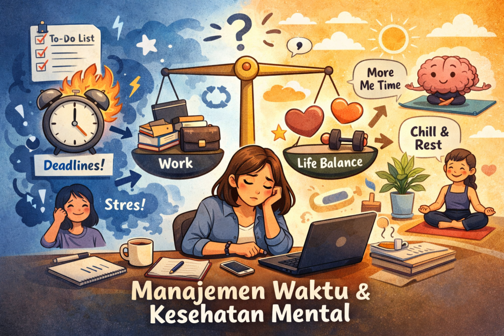 Ilustrasi anak muda terlihat lelah mental akibat manajemen waktu yang tidak seimbang